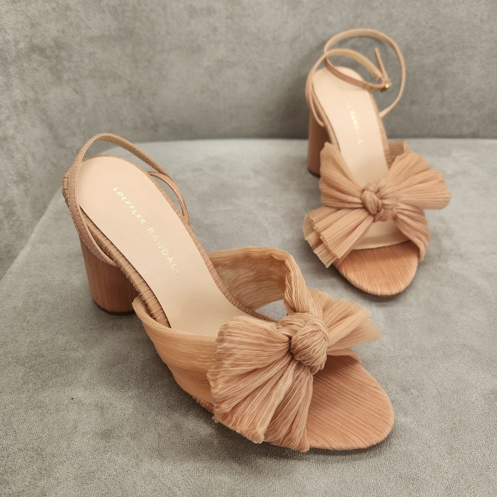 Loeffler Randall Camellia Heeled Sandals 8 Pastel Pink Pleated Knot Bow Luxury - Picture 7 of 16